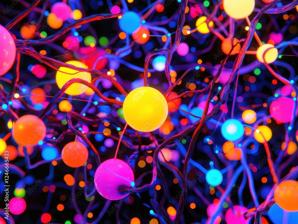 Poster a vibrant abstract composition featuring colorful lights and interconnected shapes against a dark ba