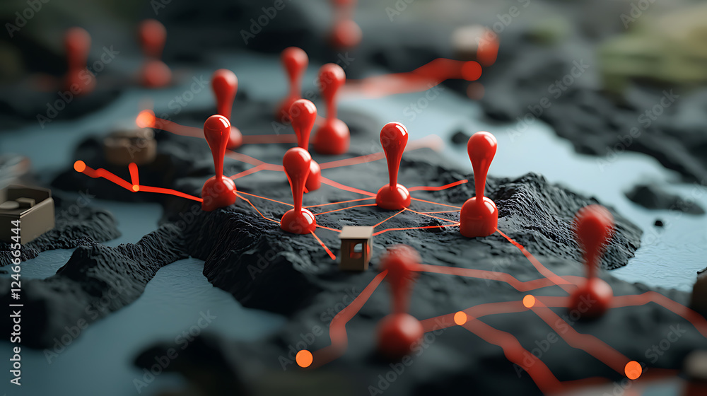 Poster mapping connectivity red pins marking routes across a geographic model digital art scene close-up vi