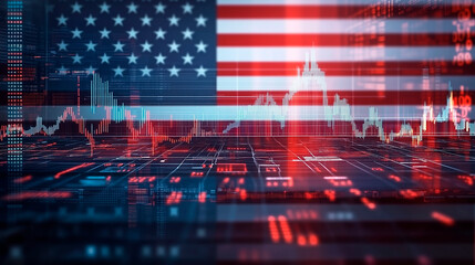 American flag and stock chart. Business, economy.