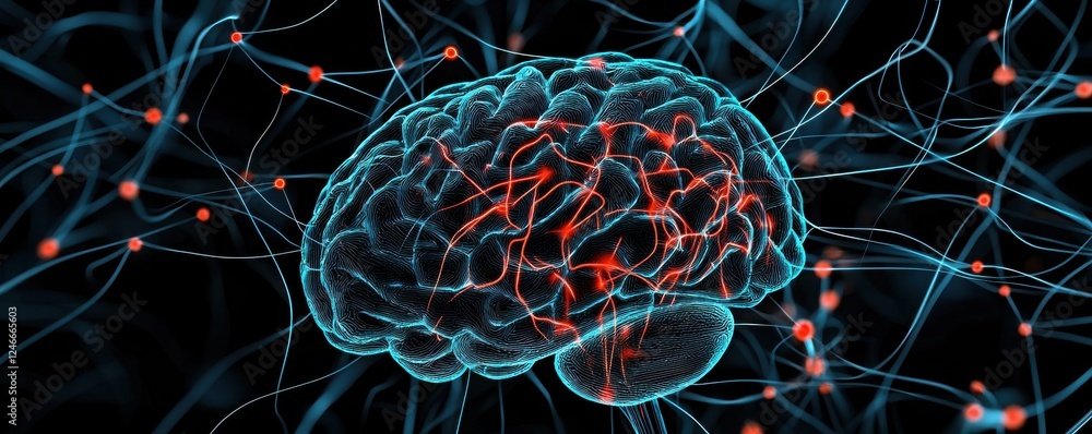 Poster a digital representation of a brain surrounded by glowing neural connections, symbolizing neuroscien