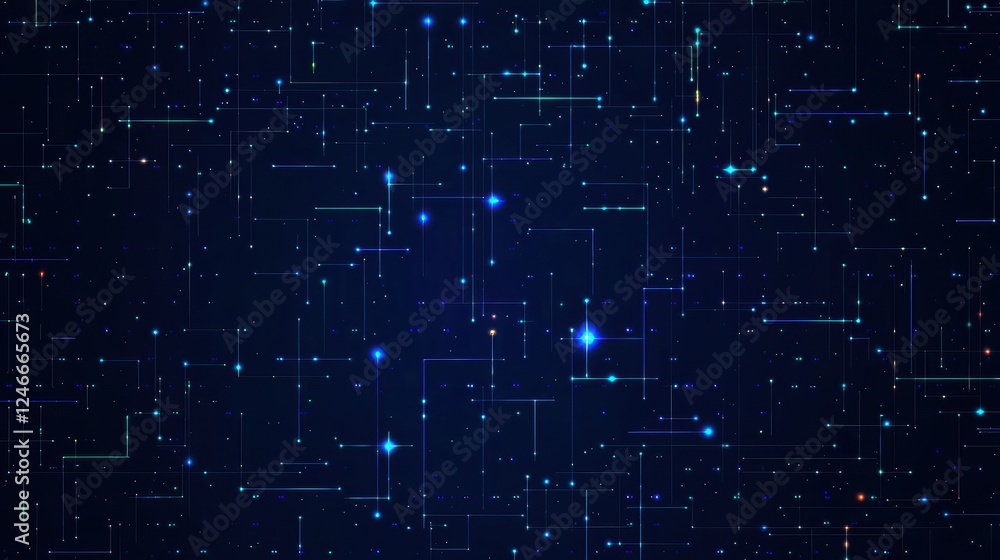 Poster Digital particles and pixels creating a network on dark blue background