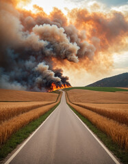 Fototapeta premium The burning wheat field near the road. Steppe fires with burning dry wheat and grass during a drought. Environmental or ecological problems, natural disasters, climate change and extreme heat.