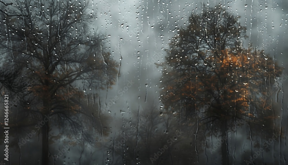 Poster raindrops on the window with silhouettes of trees in the background