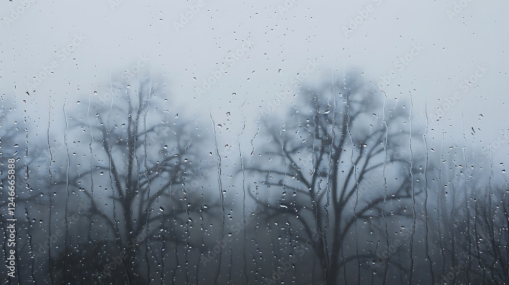 Poster raindrops on the window with silhouettes of trees in the background