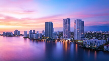 Fototapeta premium Scenic twilight city view with stylish apartments and serene waters, perfect for urban lifestyle visuals