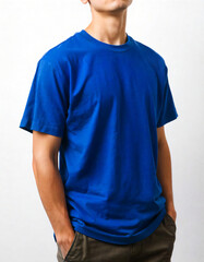 man in blue t shirt blank polo shirt (back side) on man