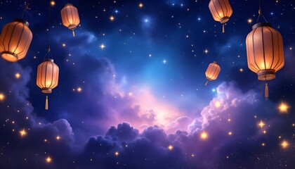 Naklejka premium Magical Night Sky Lanterns Fantasy Art Wallpaper