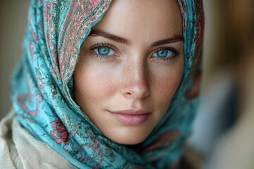 portrait of a resilient woman with a headscarf radiating strength and grace after chemotherapy set against a soft supportive background that conveys hope