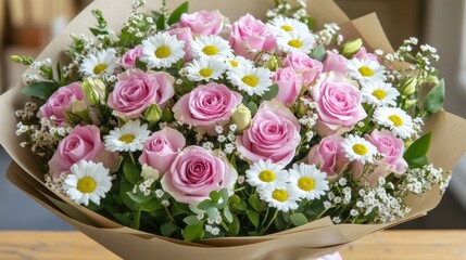 Beautiful Bouquet of Pink Roses and White Daisies in Natural Light