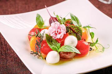 Portion of gourmet cherry tomato salad with mozzarella