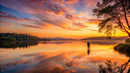 Obraz premium Serene Sunset Over Calm Water with Silhouette of a Fisherman