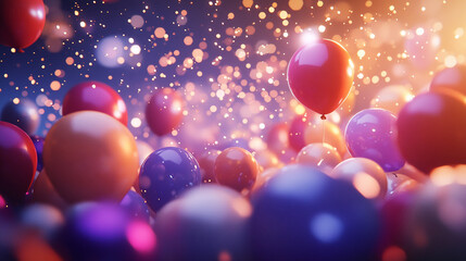 A festive scene with colorful balloons floating in a bright atmosphere, surrounded by confetti and sparkling lights, perfect for party celebrations and joyful events.