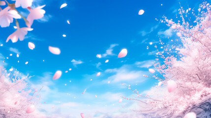 青空を背景に満開のさくらと桜吹雪。日本の春の明るい水彩画。 © lastpresent