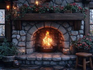 Cozy Medieval Fireplace Scene with Rustic Stone Walls Wooden Beams Lanterns and Firewood