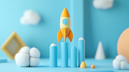 A blue bar graph with an upward trend a rocket