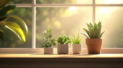 Obraz premium Sunlit indoor plants on a windowsill