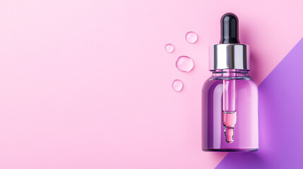A dropper bottle with purple liquid on a pastel pink and purple background.