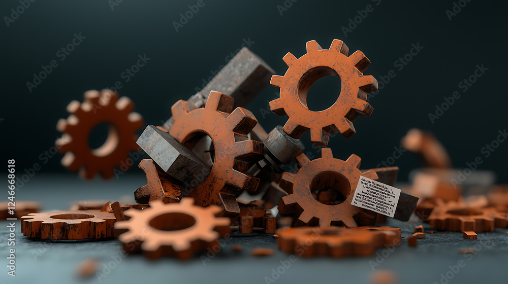 Poster industrial gears disassembled workshop setting 3d render dark background close-up view mechanical co