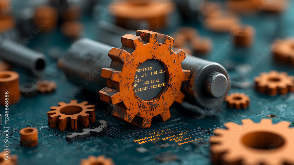 Poster industrial mechanism interaction workshop environment gear components close-up perspective engineeri