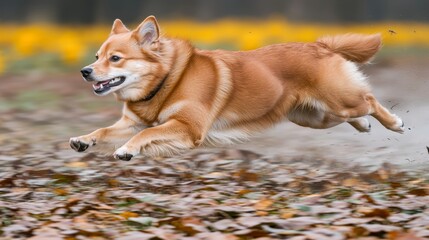 Happy Red Dog Running Through Autumn Leaves Outdoor Park Action Shot Nature Scene Low Angle Joyful Canine Playfulness