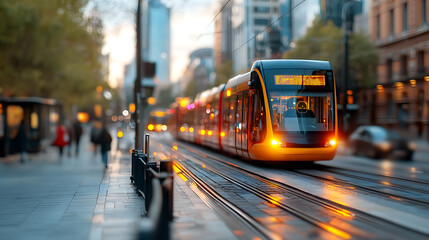 Obraz premium Tram approaching station city center urban transport evening glow side view modern infrastructure and commuting experience