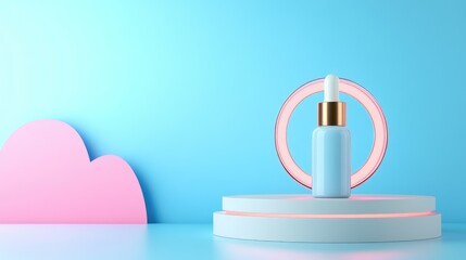 Minimalist Skincare Bottle on Modern Pedestal with Pastel Blue and Pink Background
