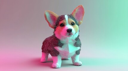 Low Poly Neon Corgi Sculpture Digital Art Colorful Environment Playful Viewpoint Whimsical Concept