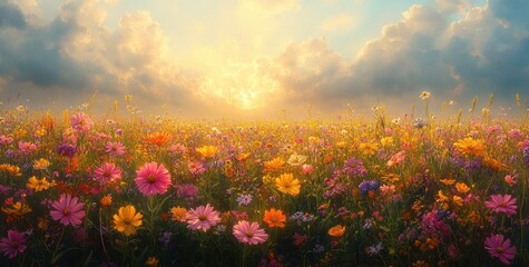 Fototapeta premium Vibrant Colorful Wildflower Meadow Under Bright Blue Sky with Golden Sunlight in Impressionist Style