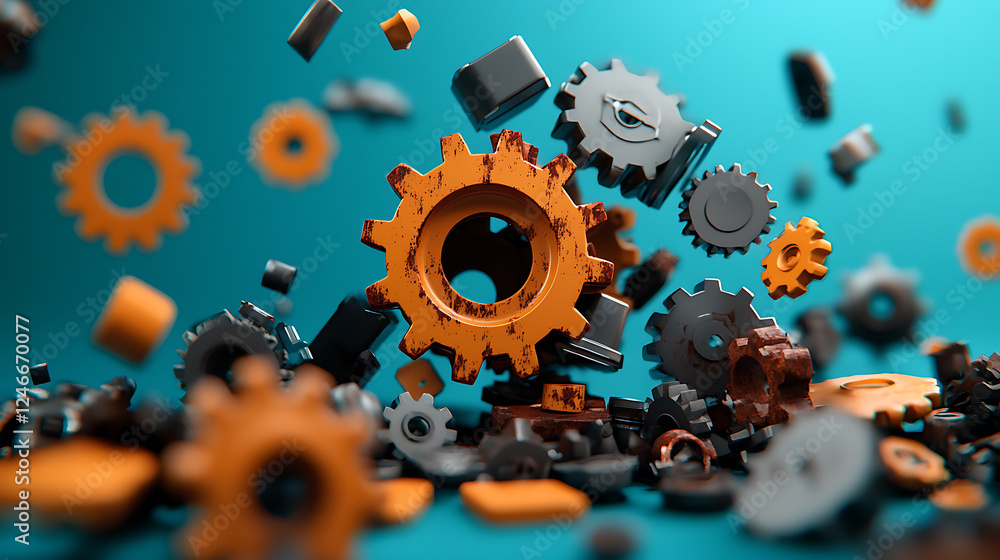 Poster dynamic motion of colorful gears in action digital workspace high-resolution image vibrant backgroun