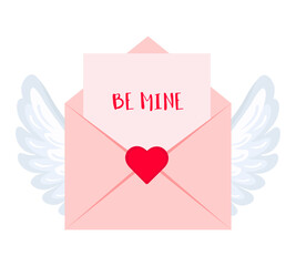 Love envelope with wings. Be mine. Color vector illustration on white background.	