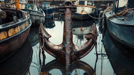 Rusty anchor in harbor with boats.