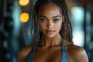 portrait of an athletic african american girl confidently working out in a gym showcasing strength and determination bright lighting emphasizing her focus and the energetic atmosphere of fitness