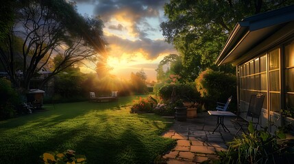 Obraz premium Sunset in the backyard of a private house with a patio and a deck