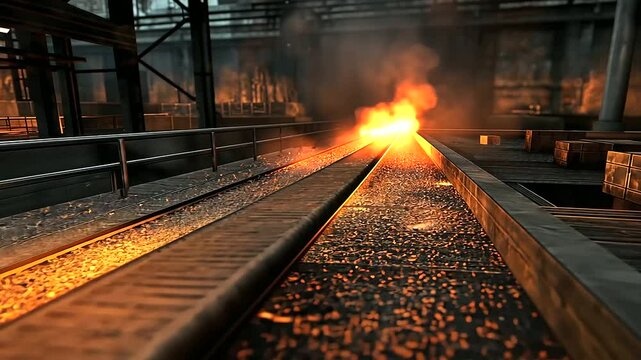 The intense glow of molten steel streams down a chute, casting a fiery reflection on the surrounding steel surfaces, with the clanging of machinery echoing throughout the mill.