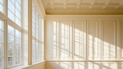 Obraz premium Bright and airy interior with large windows casting shadows on cream walls, creating serene atmosphere. Perfect for showcasing elegant architecture and natural light