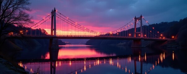 Swinging bridge at dusk, Tyne's reflective waters, modern, night, architecture