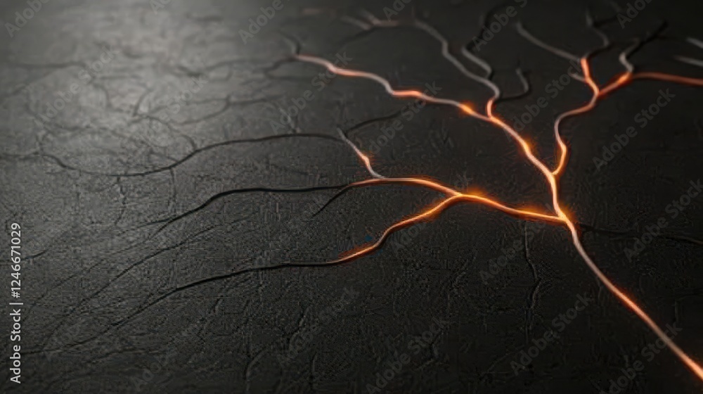 Poster a close-up view of a textured surface with glowing orange veins resembling lava flows on dark materi