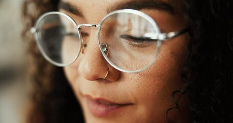 Reading, glasses and freelancer with woman in home office for virtual stylist, online fashion consultant or branding. Remote worker, client briefing and digital advice with person for research