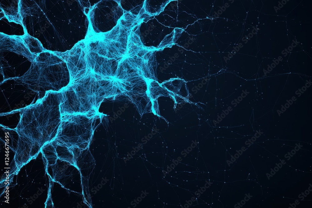 Poster a vibrant blue neural network structure illuminated against a dark background, representing connecti