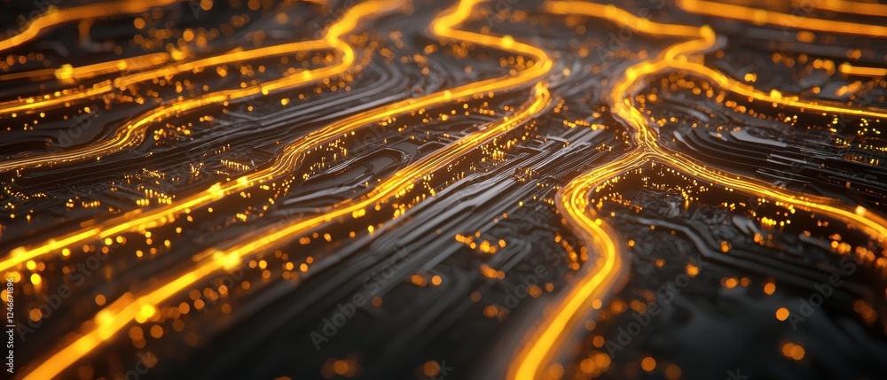 Aufkleber a vibrant close-up of a circuit board with glowing orange pathways, representing the flow of data an