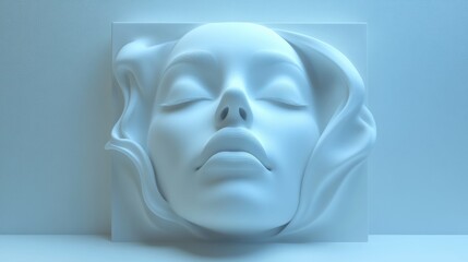 Abstract white sculpture of a serene female face with flowing contours