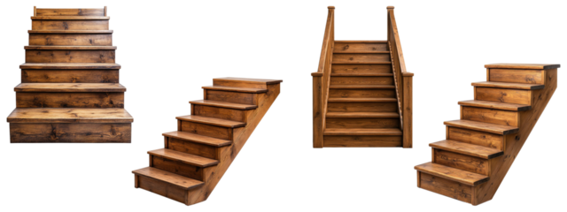 Set of curved wooden staircases with railings, isolated on transparent background