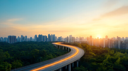 Fototapeta premium Sunset journey on winding road through urban landscape city skyline scenic photography evening atmosphere aerial view nature and architecture blend