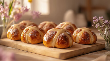 Freshly baked hot cross buns on rustic wooden board with floral arrangement