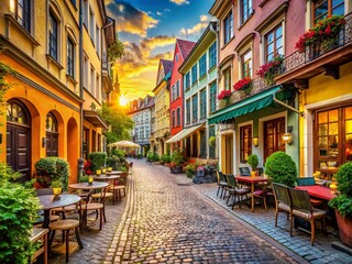 Naklejka premium Charming Old City Street: Cafes, Shops, and Historic Buildings - High-Resolution Stock Photo