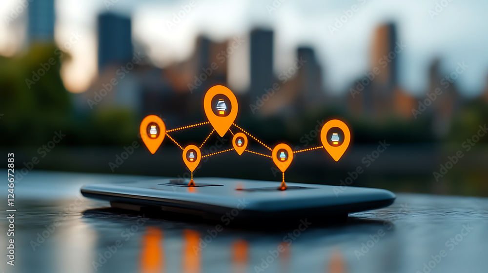Poster enhancing mobile connectivity with geolocation features urban cityscape technology imagery outdoor s