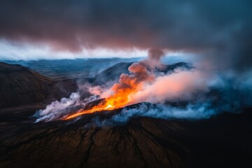 Volcanic eruption unleashes smoke and lava, set against a dark sky and mountain range, showcasing nature's immense power in a breathtaking display
