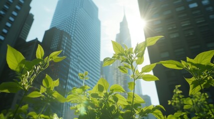 Sunlight shining through green leaves in front of New York City skyscrapers