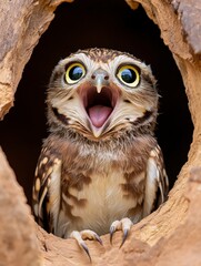 Young Owl with Open Beak in a Tree Hollow Captured in Stunning Detail