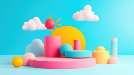 Vibrant Abstract Geometric Shapes in Bright Pastel Surreal Landscape with Clouds and Sunshine